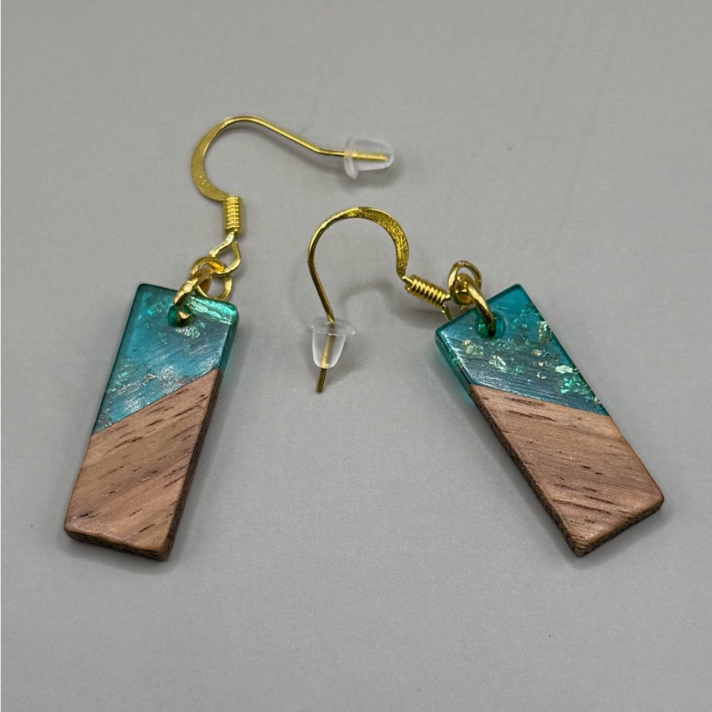 Handmade Teal and Wood Rectangle Drop Earrings - Gold Hooks - Picture 7 of 9